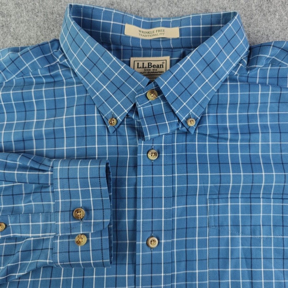LL Bean Shirt Mens XL Wrinkle Free Traditional Fit Blue Check Long Sleeve Button